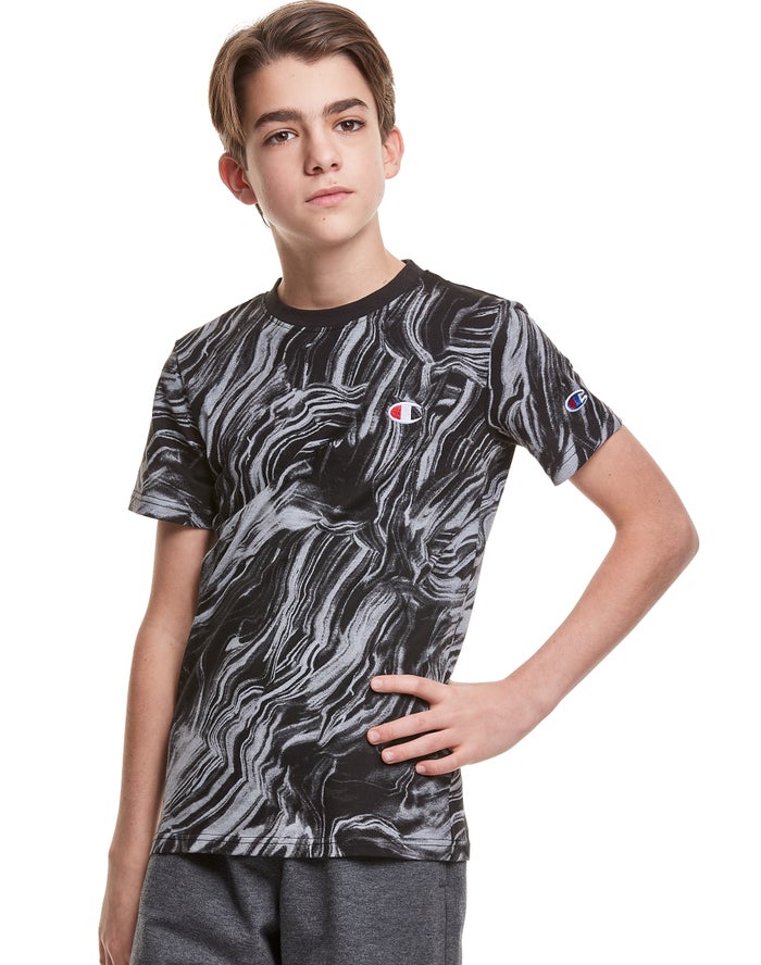 Champion Drenge T-Shirts Sort - Marble Dye Print - Danmark PUX-683250